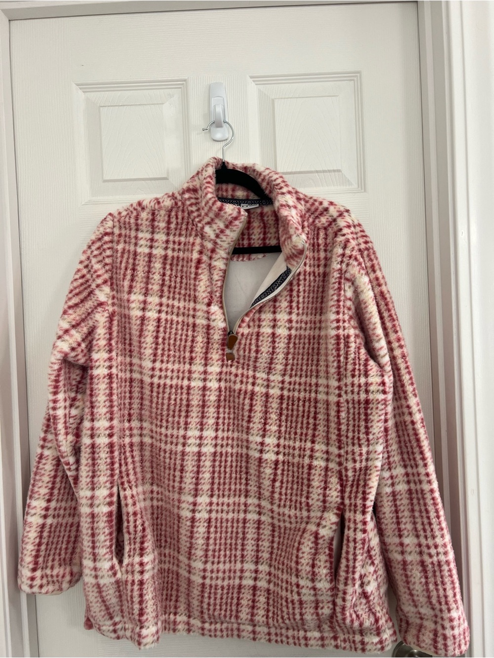 Katydid Pink White Plaid Sherpa Quarter-Zip Pullover Fleece Sweater Size M